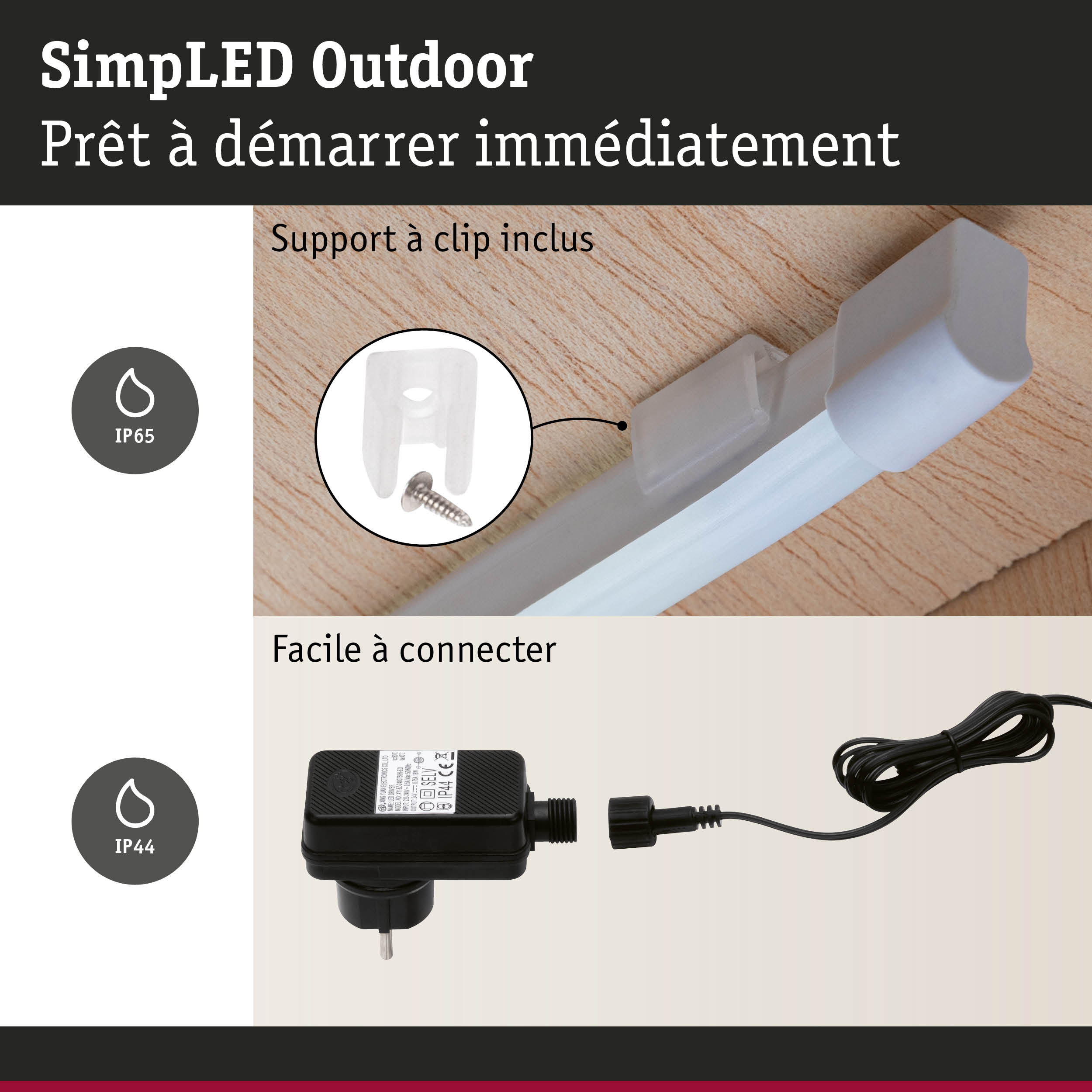 Lumière LED extérieure blanche avec support à clip et alimentation noire IP44 pour connexion facile
