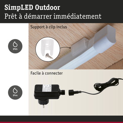 Lumière LED extérieure blanche avec support à clip et alimentation noire IP44 pour connexion facile