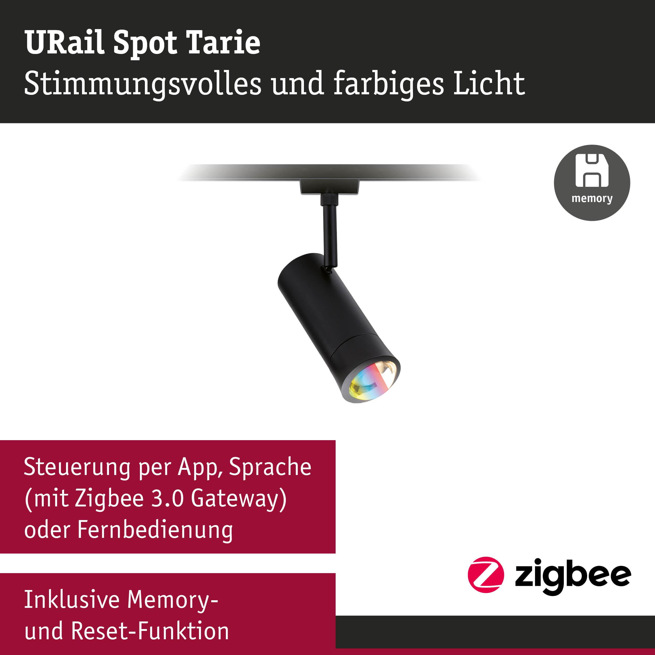 Schwarzer URail Spot Tarie LED-Strahler mit farbigem Licht und Zigbee Steuerung per App und Sprache