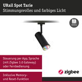 Schwarzer URail Spot Tarie LED-Strahler mit farbigem Licht und Zigbee Steuerung per App und Sprache