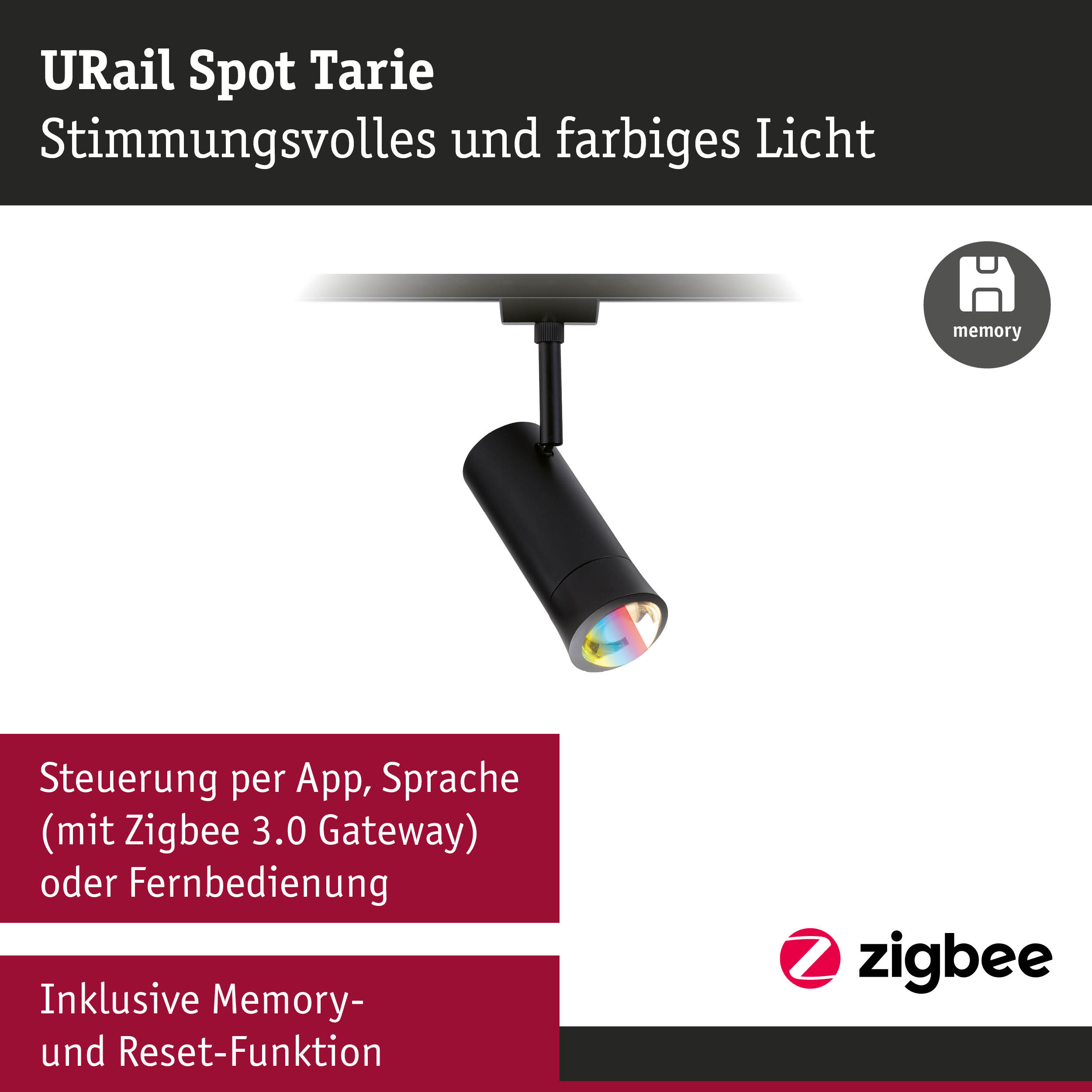 Schwarzer URail Spot Tarie mit farbigem Licht, steuerbar per App und Fernbedienung, Zigbee kompatibel