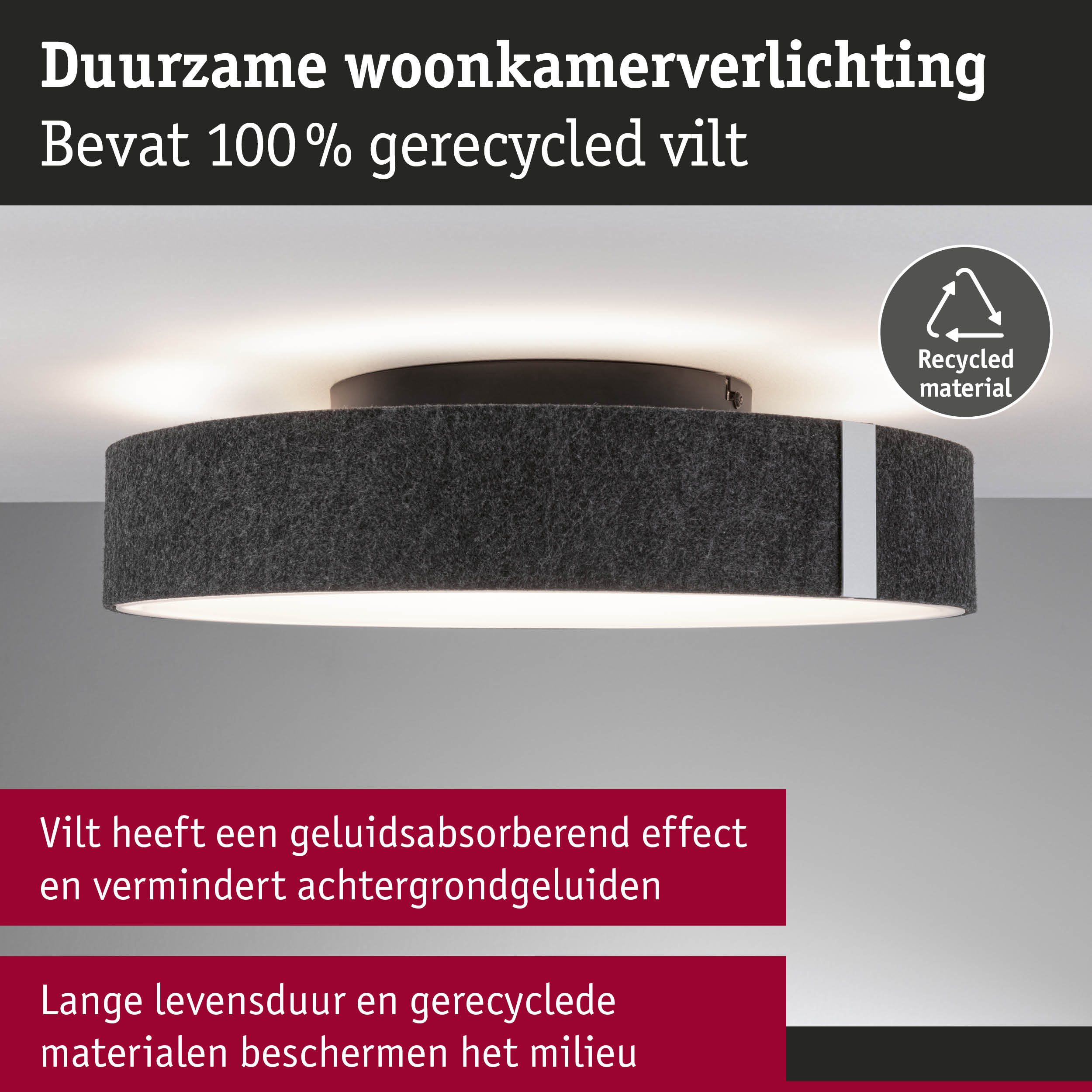 Duurzame woonkamerplafondlamp met grijs vilt van 100% gerecycled materiaal en geluidsabsorberend effect