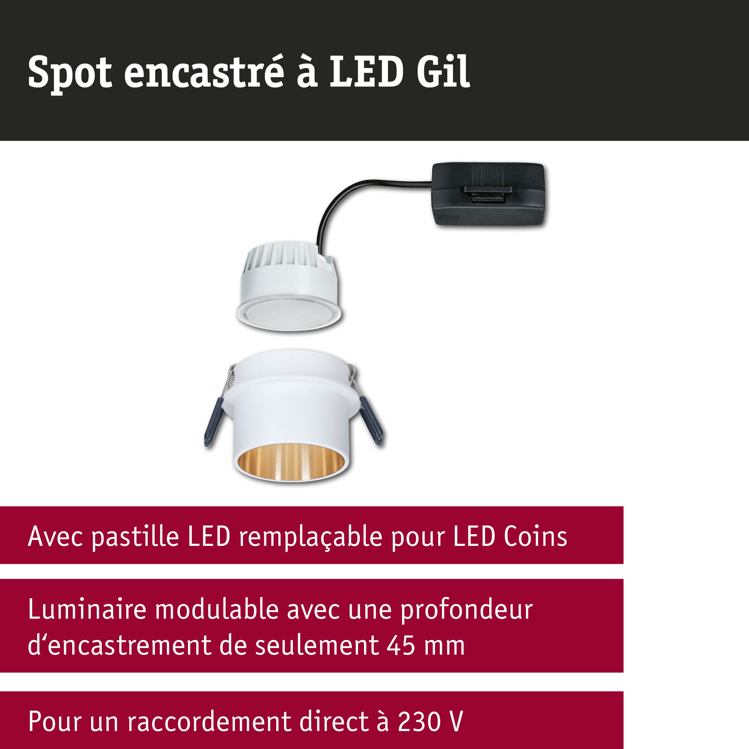 Spot encastré LED blanc avec réflecteur doré et câble noir pour éclairage LED
