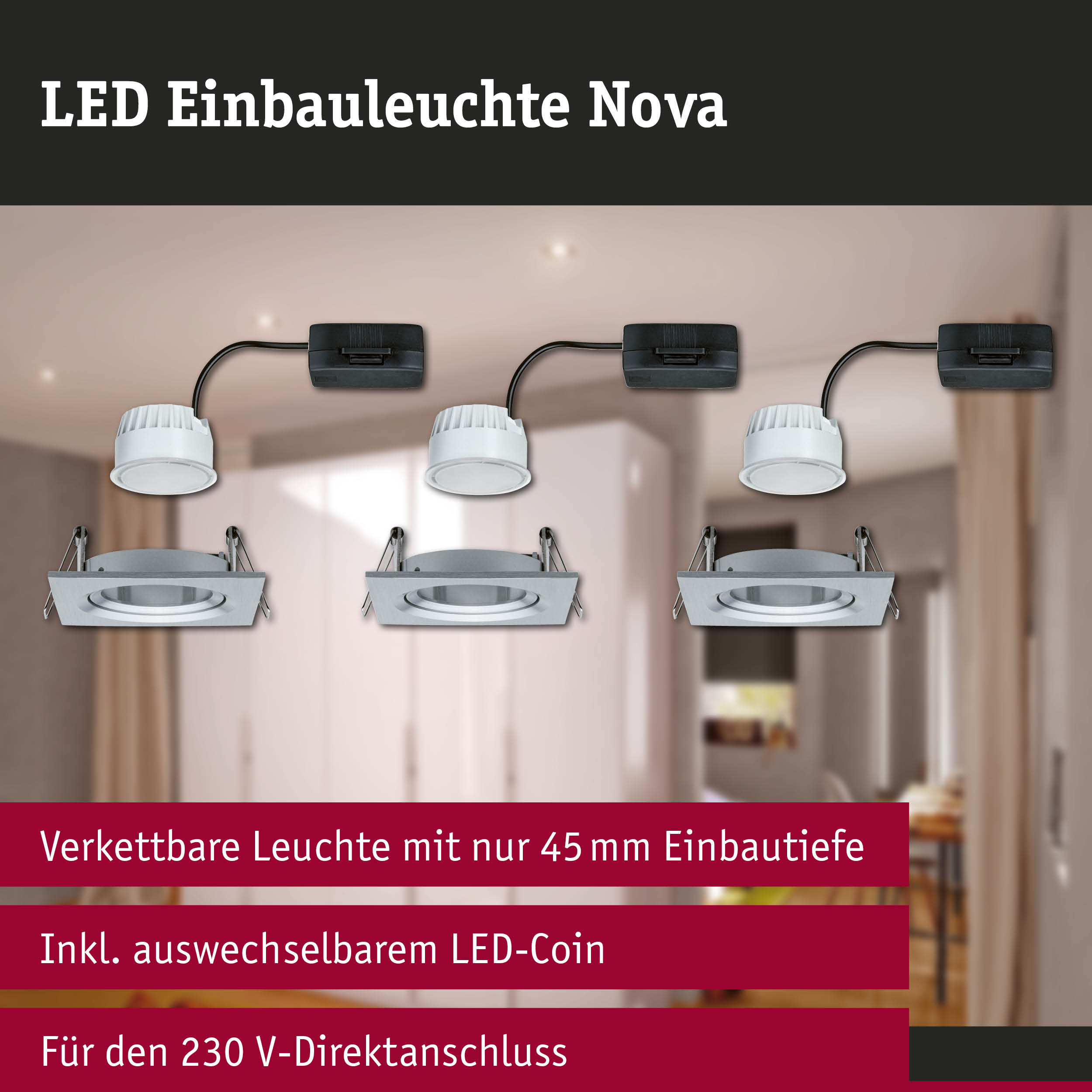LED Einbauleuchte Nova in Weiß mit schwarzem Anschlusskabel, vernetzbar und 45 mm Einbautiefe
