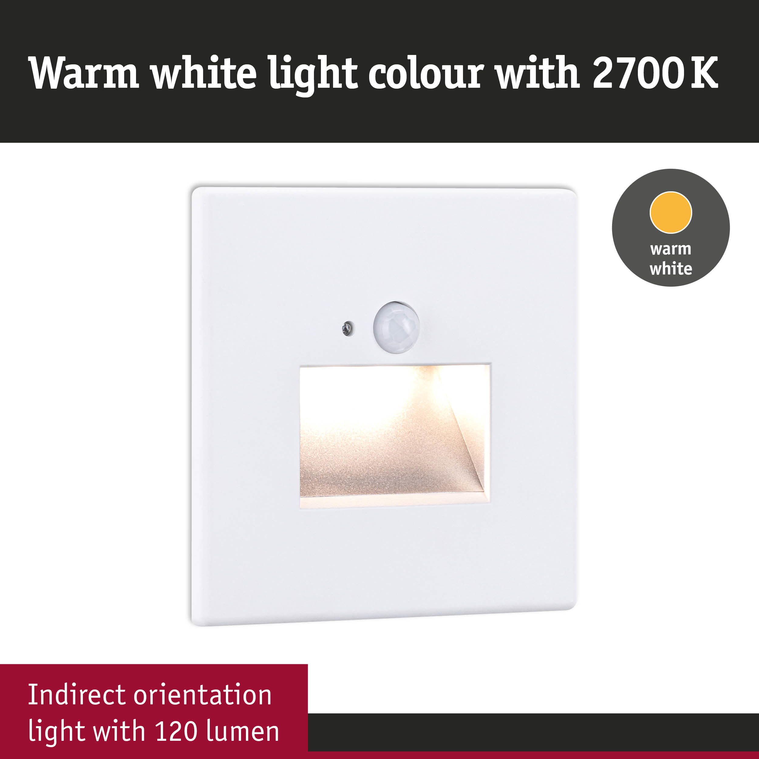 White LED wall recessed light with motion sensor and warm white 2700K light, 120 lumens