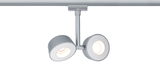 Modern two-light LED track spotlight in silver aluminum for versatile room lighting solutions