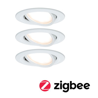Drie witte LED-inbouwspots met verstelbare kop en Zigbee-functie voor slimme verlichting.