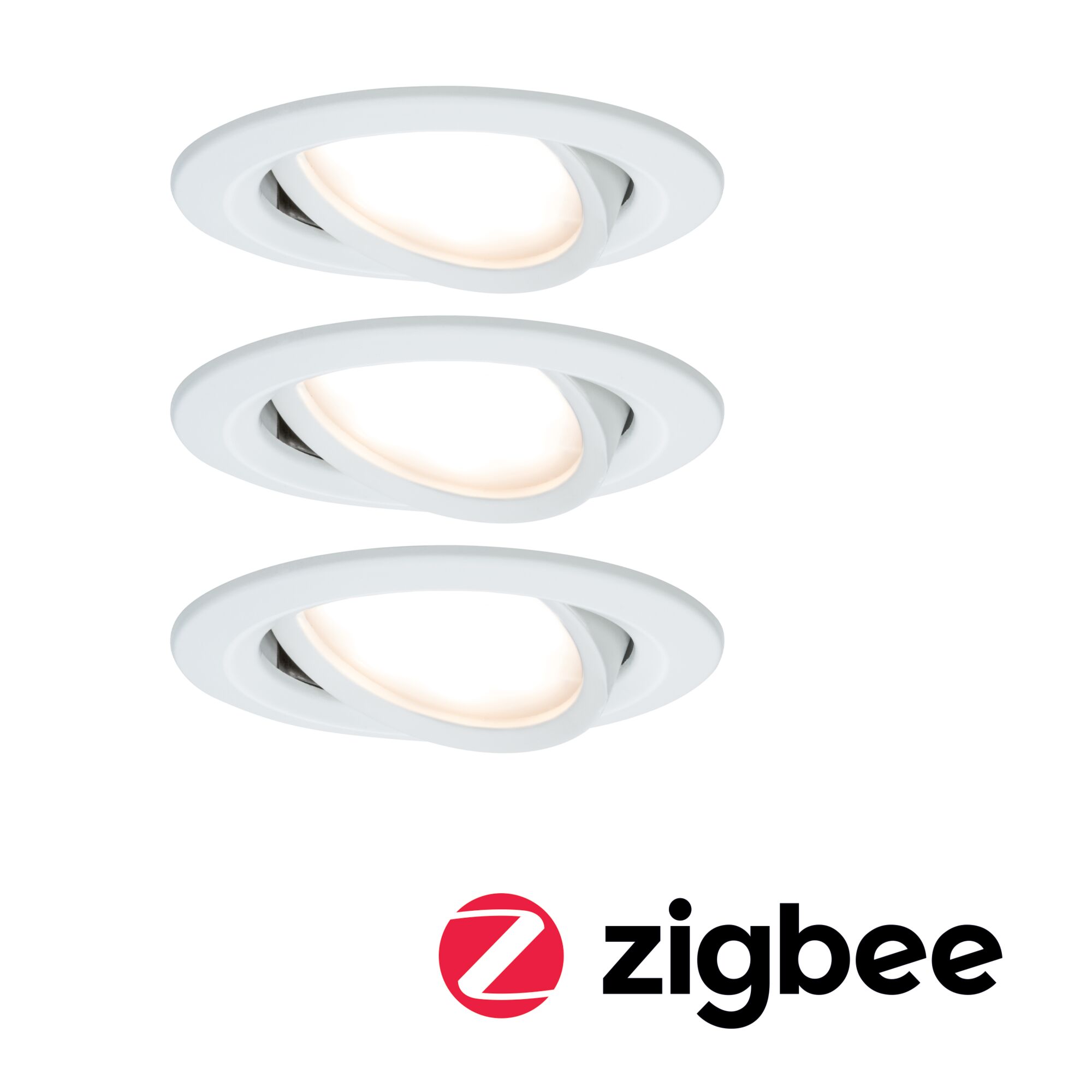 Three white LED recessed spotlights with adjustable heads and Zigbee smart lighting feature.