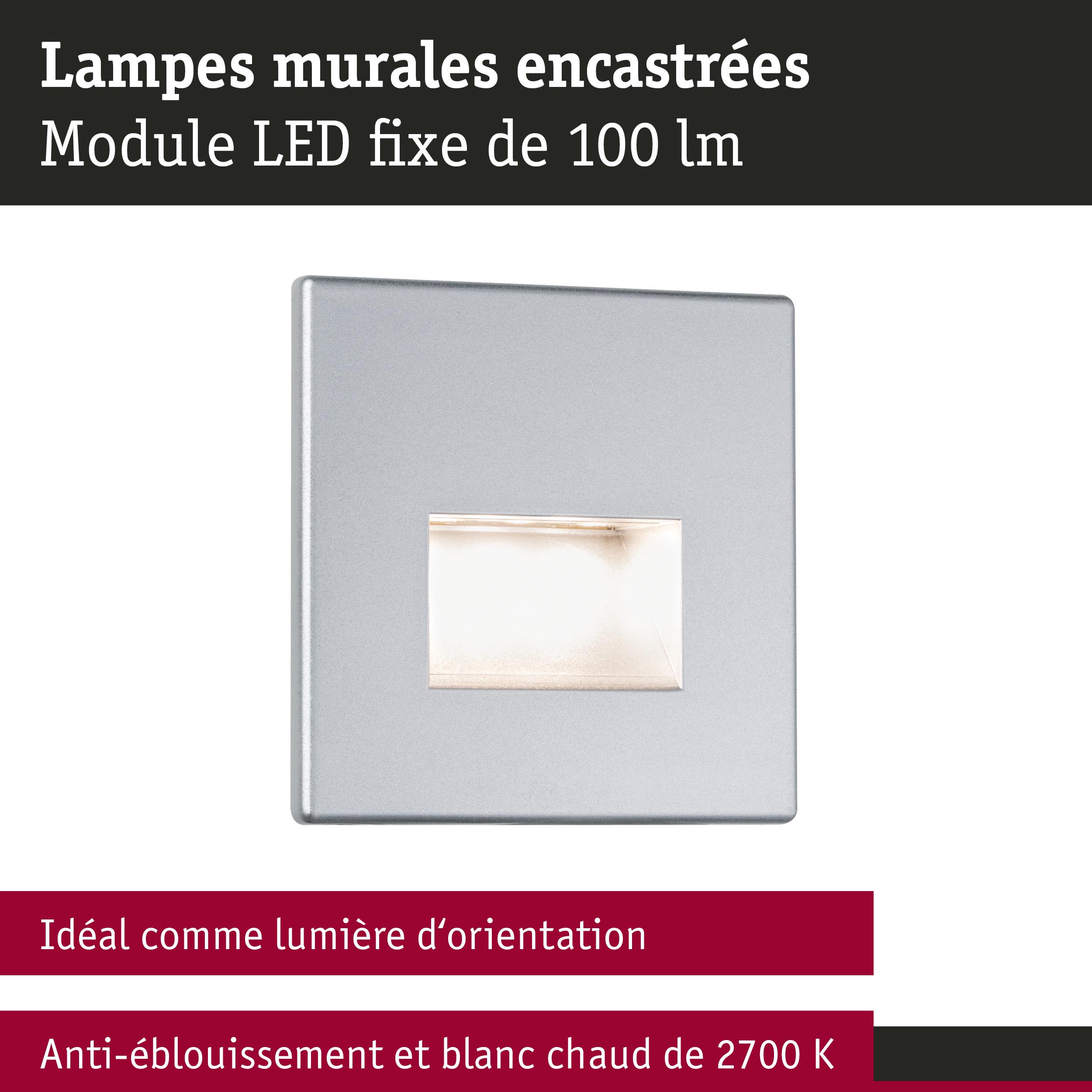 Lampe murale encastrée argentée LED 100 lm, lumière blanc chaud 2700 K et anti-éblouissement