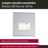 Lampe murale encastrée argentée LED 100 lm, lumière blanc chaud 2700 K et anti-éblouissement