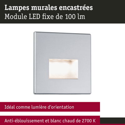Lampe murale encastrée argentée LED 100 lm, lumière blanc chaud 2700 K et anti-éblouissement