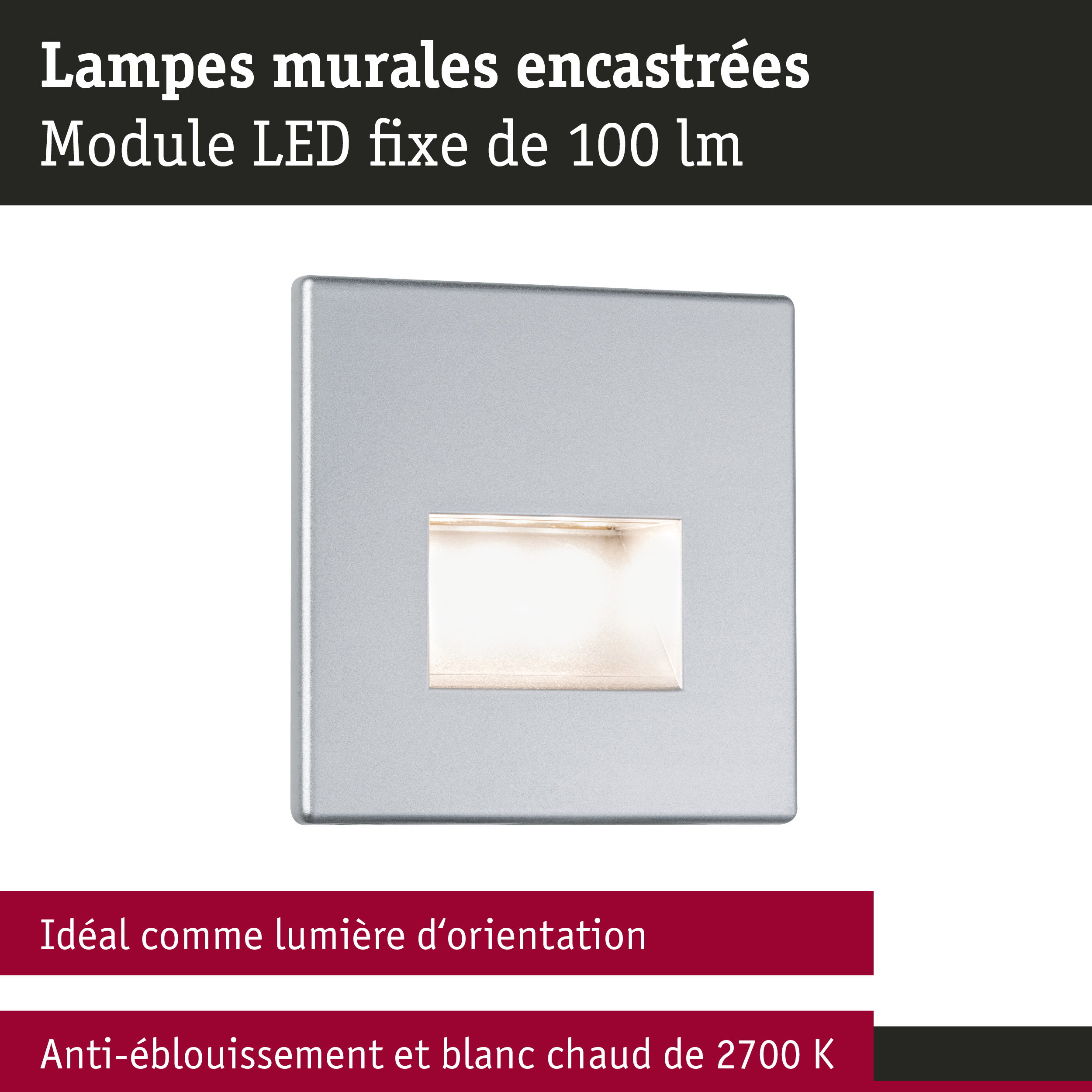 Lampe murale encastrée en métal argenté LED 100 lm avec lumière blanche chaude 2700K anti-éblouissement