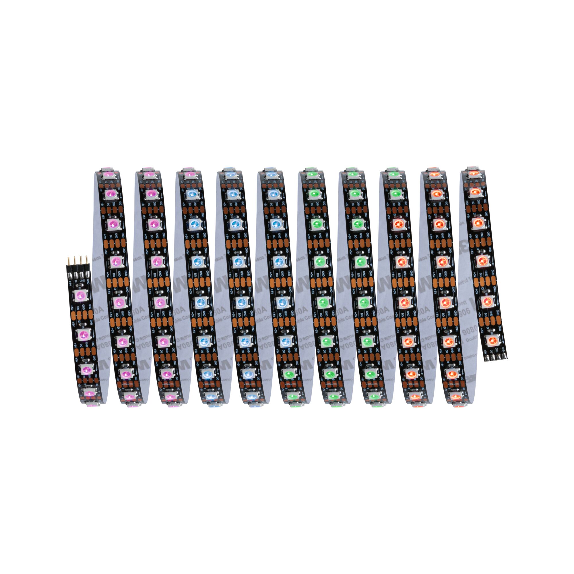 Colorful LED light strips with pink, blue, green, and orange LEDs on black circuit board for flexible lighting.