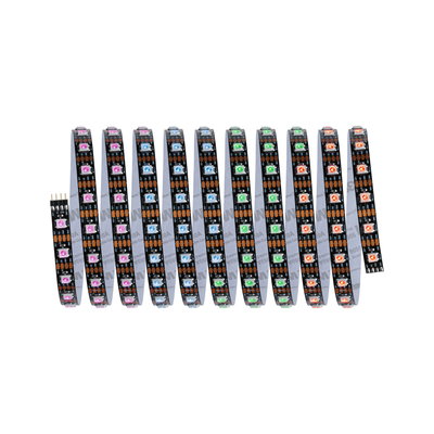 Bandes LED colorées avec LEDs roses, bleues, vertes et orange sur circuit noir pour éclairage flexible.
