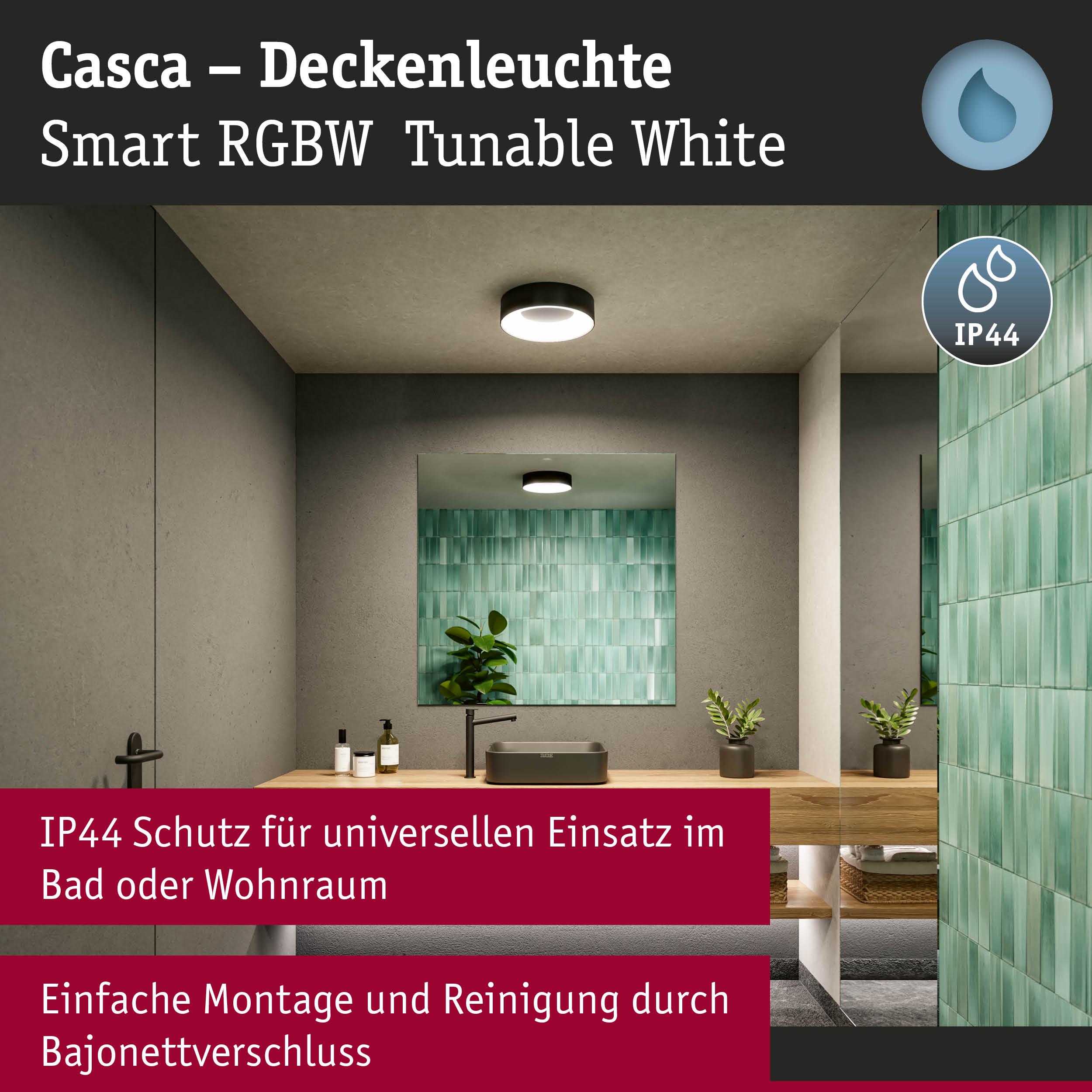 Casca Deckenleuchte in Schwarz mit IP44 Schutz, ideal für Bad und Wohnraum, einfache Montage und Reinigung