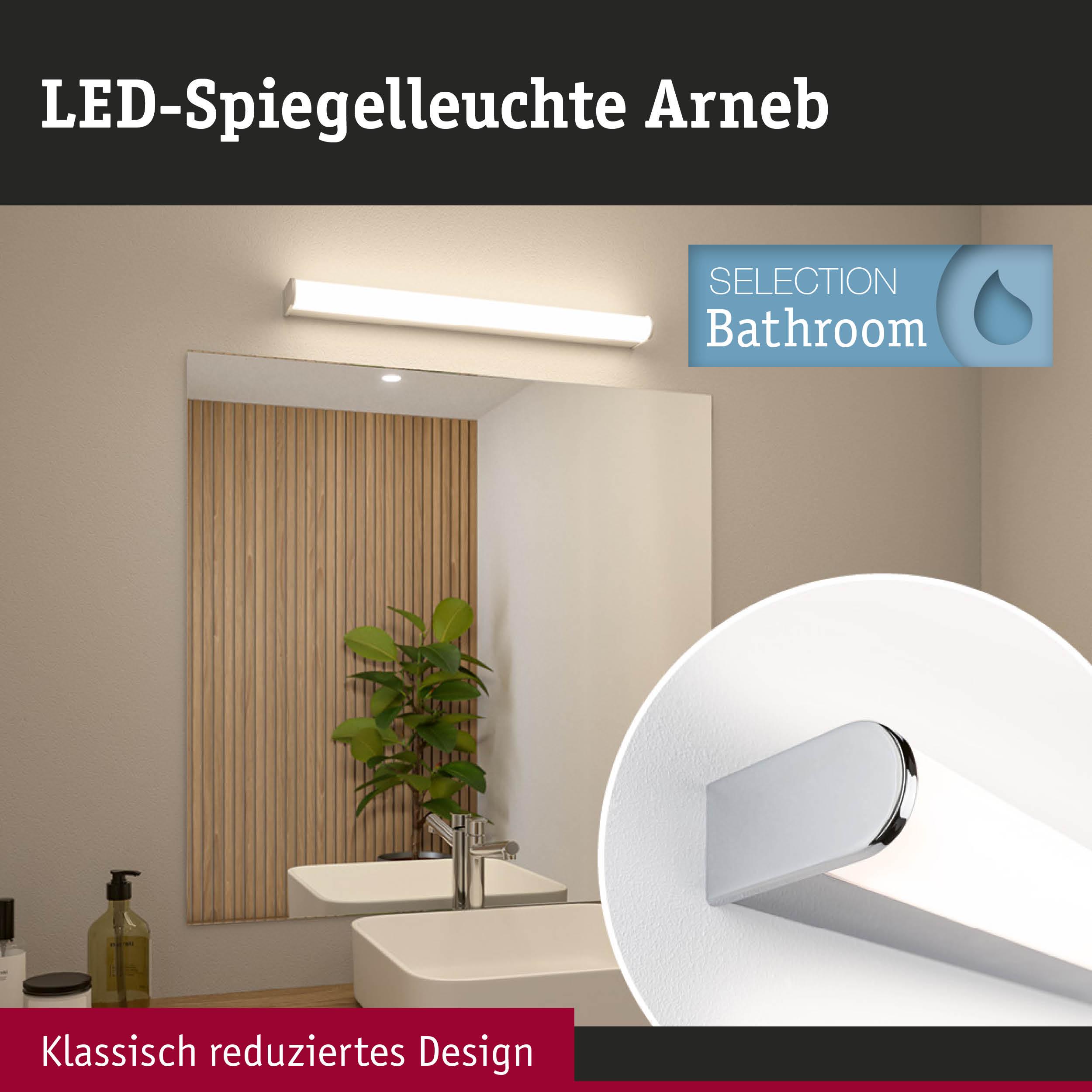 LED-Spiegelleuchte Arneb in Weiß mit Chrom-Endkappen, klassisch reduziertes Design für Badezimmerbeleuchtung