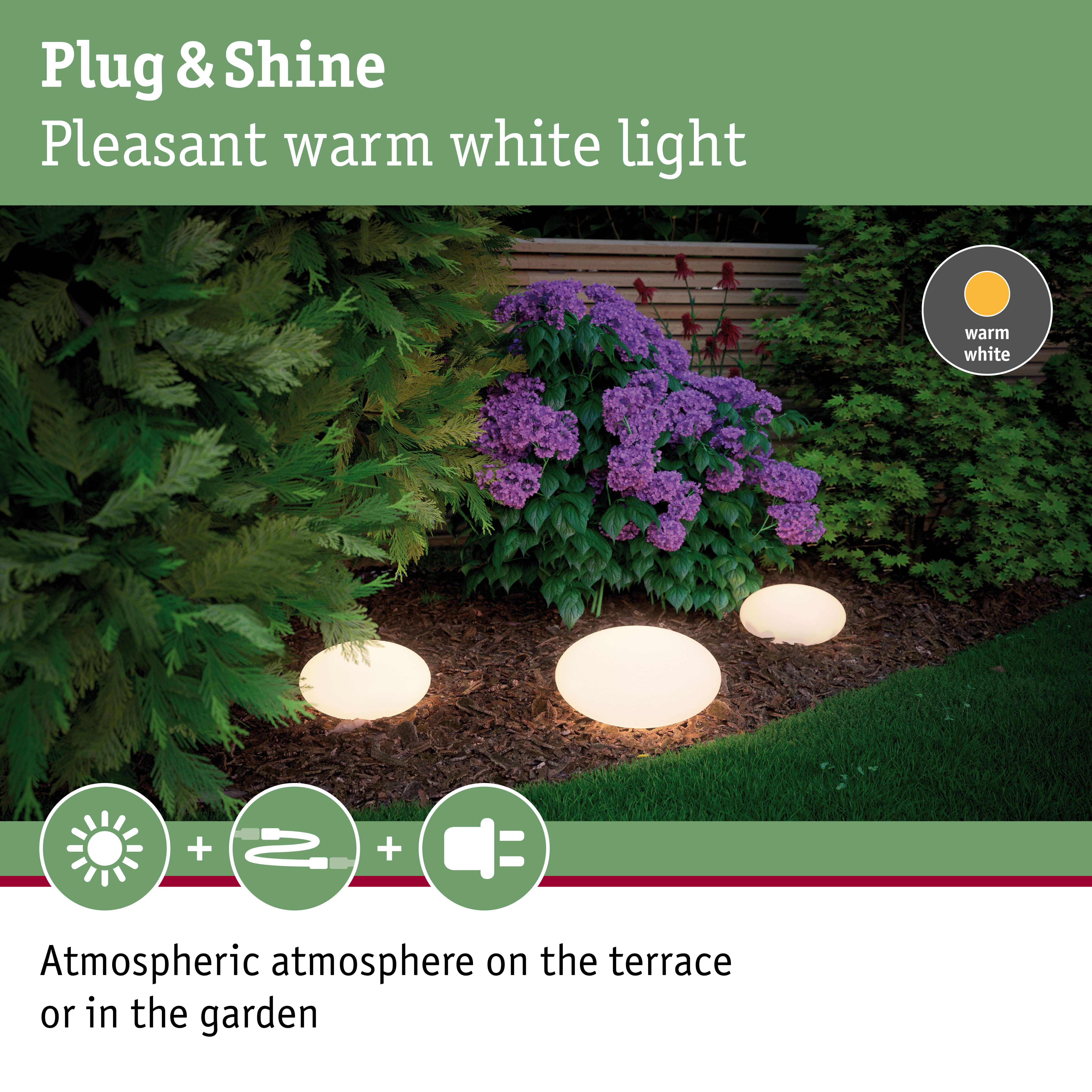 Garden light spheres emitting warm white light for atmospheric outdoor terrace and garden lighting