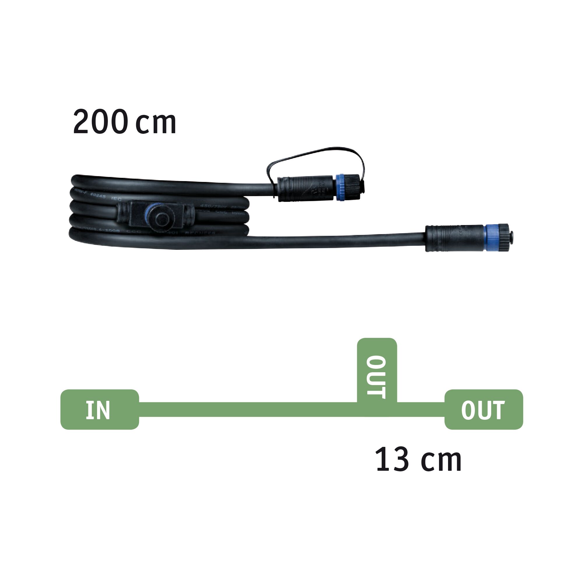 Schwarzes 200 cm langes Verbindungskabel mit blauen Steckern und 13 cm Abzweig für LED-Beleuchtung