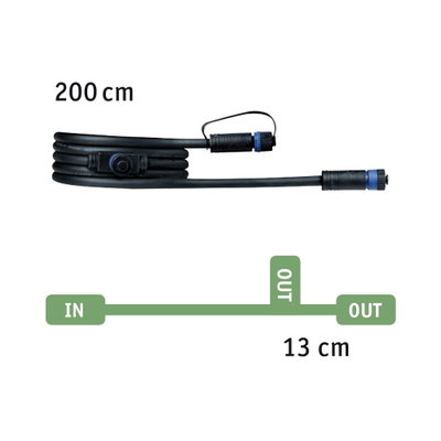 Zwarte verbindingskabel van 200 cm met blauwe stekkers en 13 cm aftakking voor LED-verlichting
