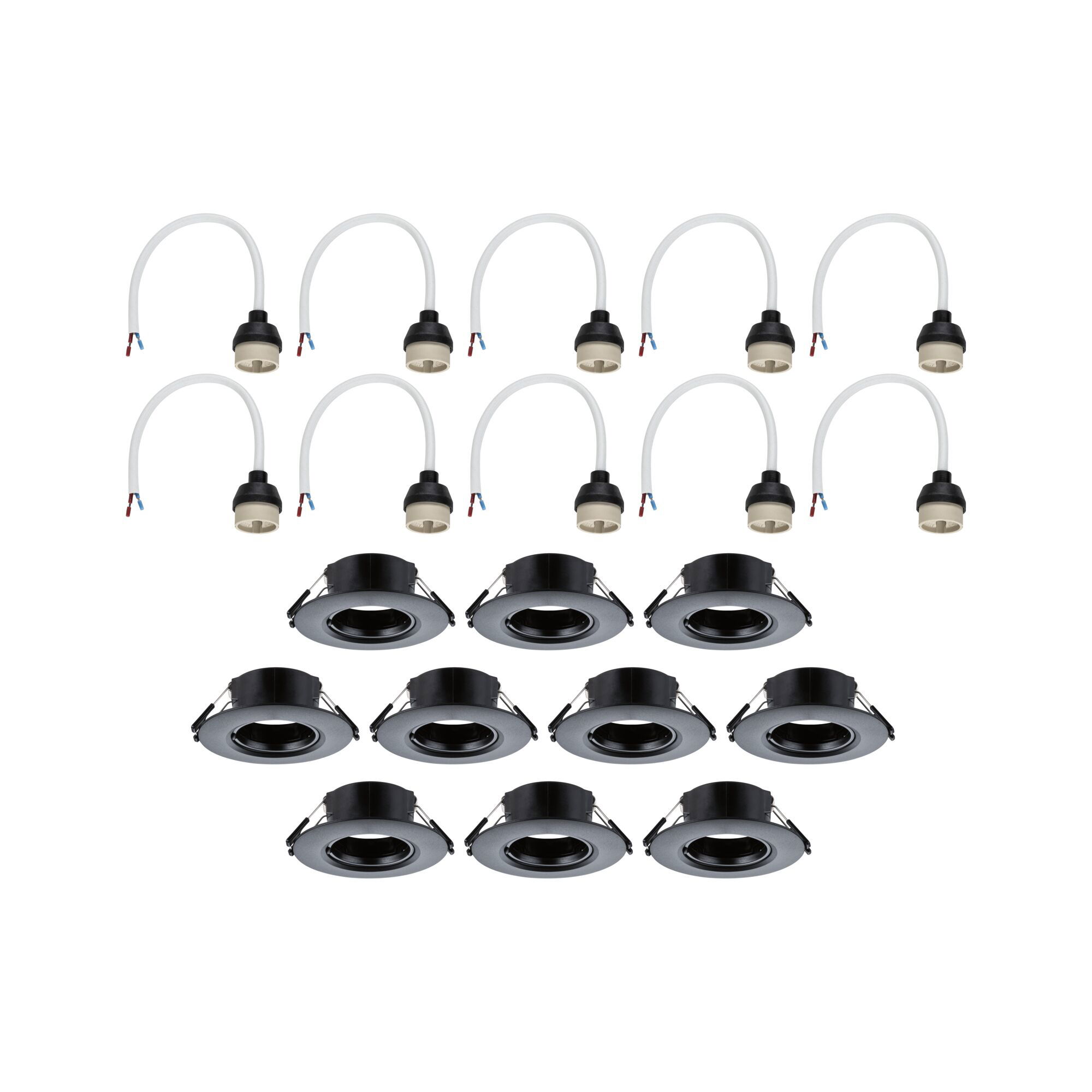 Twelve black recessed spotlights with white cable connectors for LED ceiling lighting setup