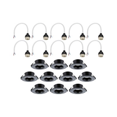 Twelve black recessed spotlights with white cable connectors for LED ceiling lighting setup