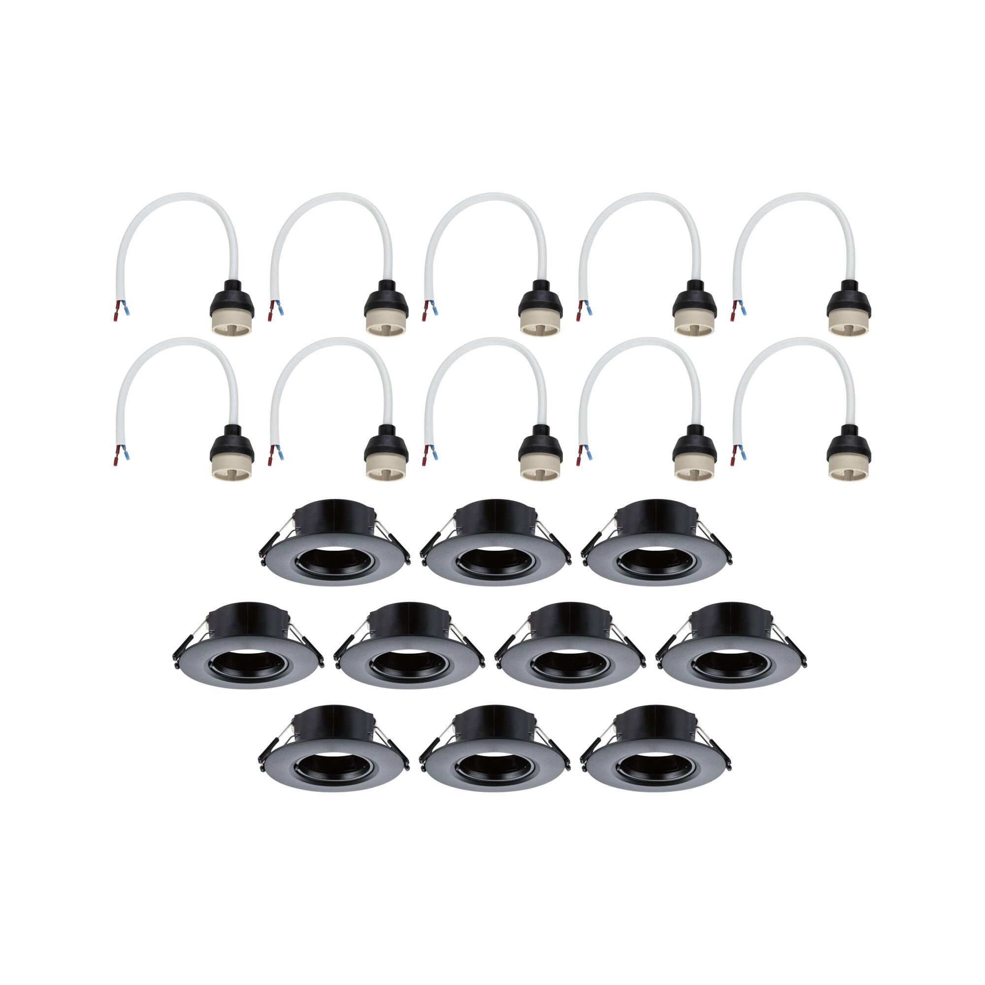 Twelve black recessed spotlights with white cable connectors for LED ceiling lighting setup