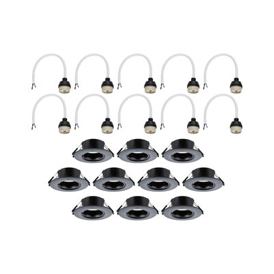 Twelve black recessed spotlights with white cable connectors for LED ceiling lighting setup