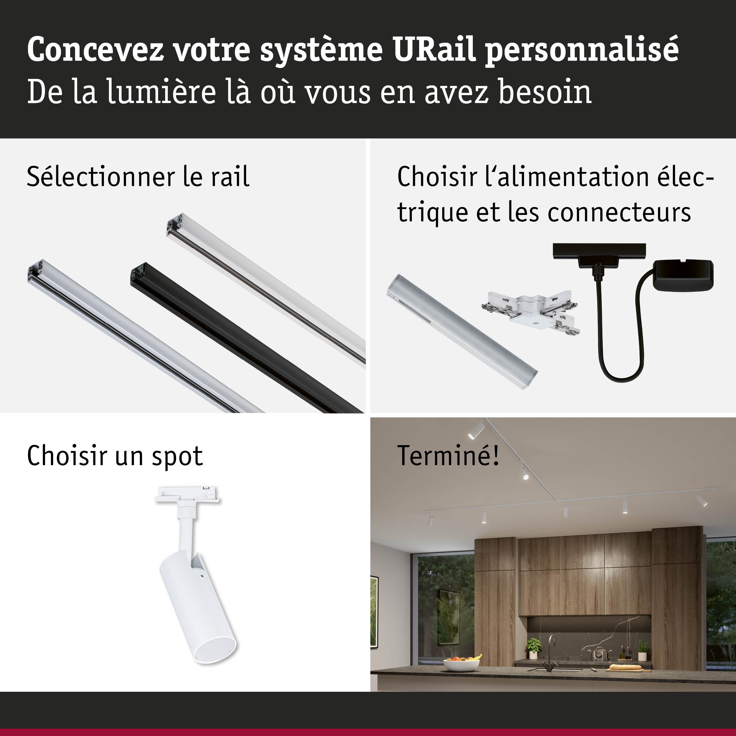 Système modulaire URail avec rails blancs et noirs et spots LED pour un éclairage flexible