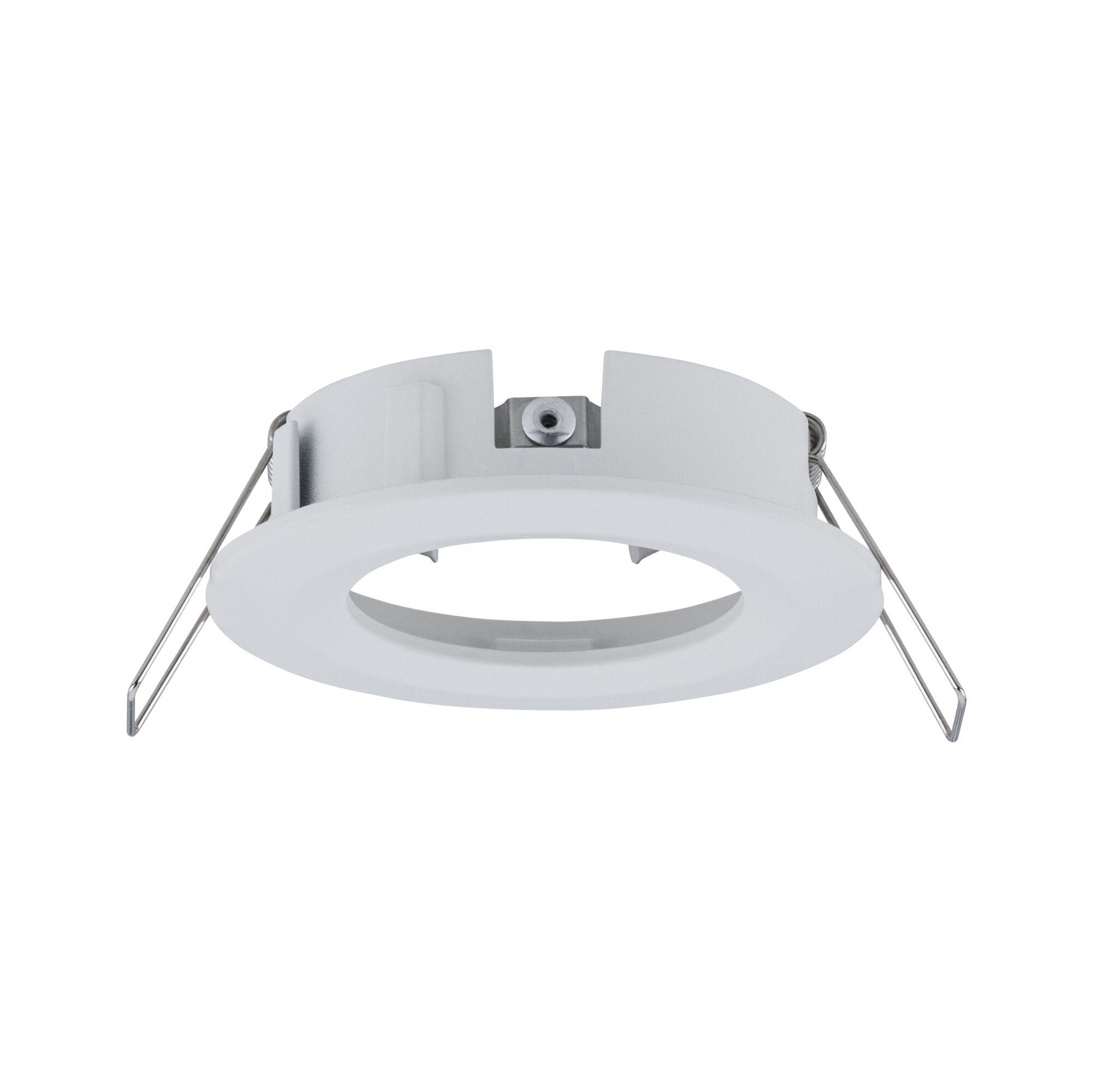 Round white plastic recessed spotlight with metal springs for ceiling installation, LED compatible