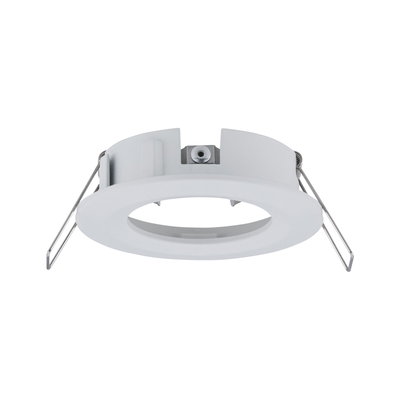 Round white plastic recessed spotlight with metal springs for ceiling installation, LED compatible