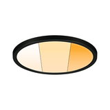 Round LED ceiling light with black frame displaying three color temperatures from warm to cool white