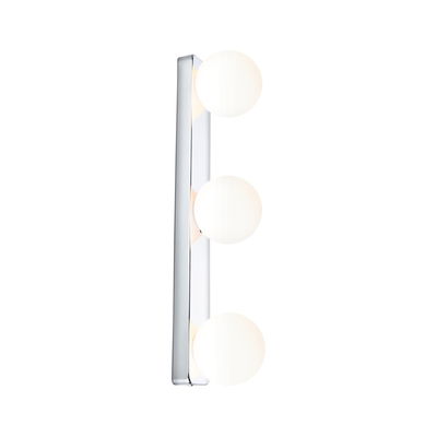 Modern wall lamp with three white glass globes and chrome metal frame for stylish lighting