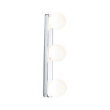 Modern wall lamp with three white glass globes and chrome metal frame for stylish lighting