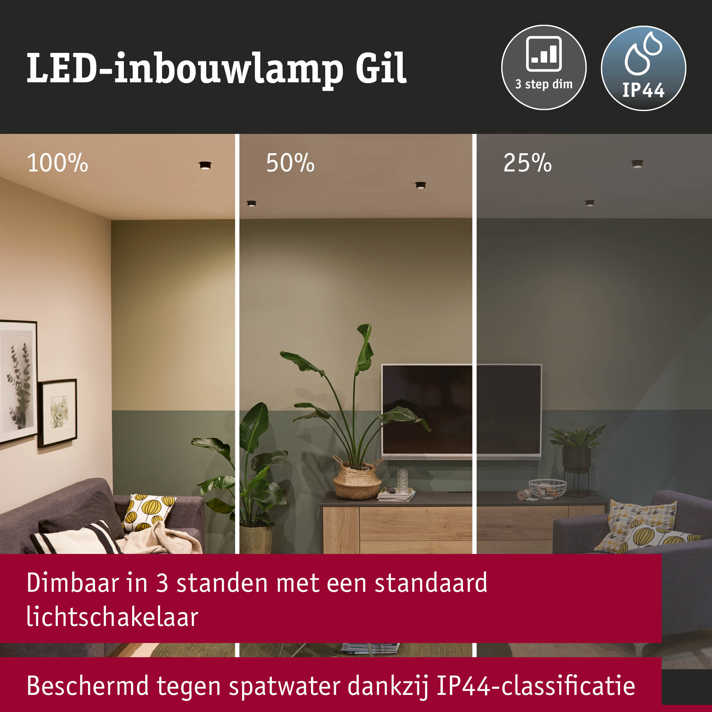 LED-inbouwlamp Gil dimbaar in 3 standen met IP44 spatwaterbescherming aan plafond in woonkamer