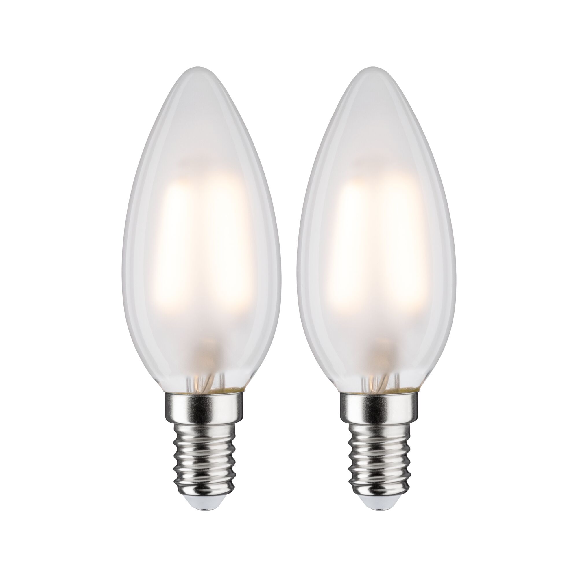 Two frosted LED candle bulbs with E14 base emitting warm white light for energy-efficient lighting