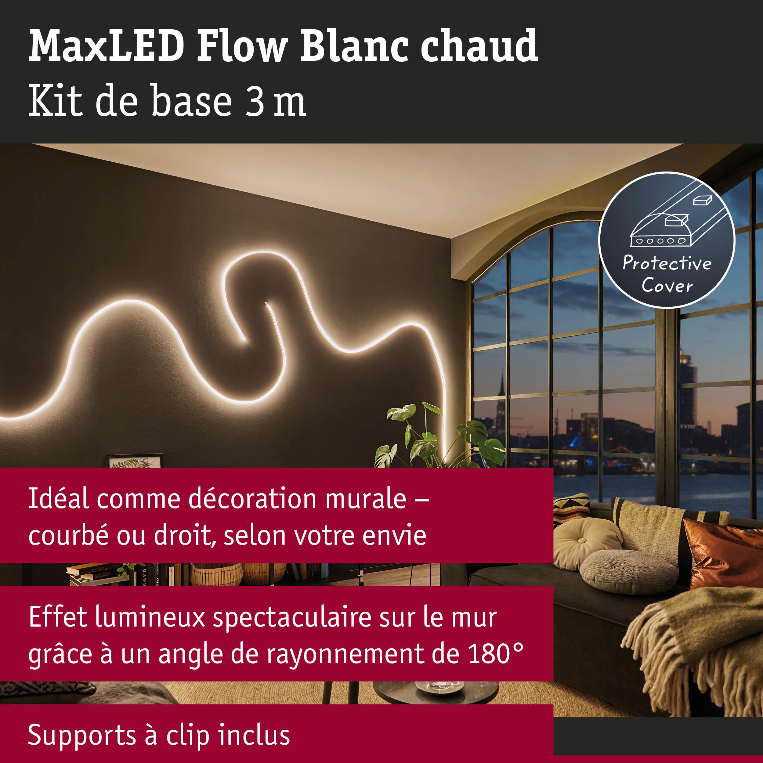 Bande LED MaxLED Flow blanc chaud 3 m avec clips pour décoration murale et angle d’éclairage 180°