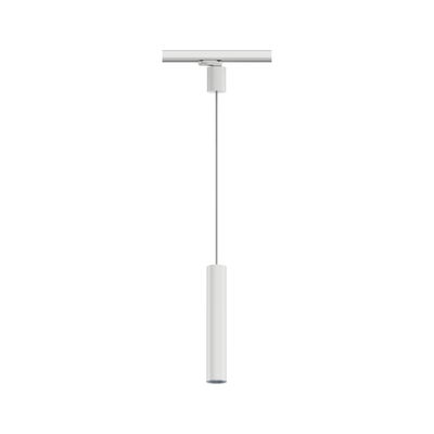 Modern white metal LED pendant light with slim cylindrical design for track lighting system.