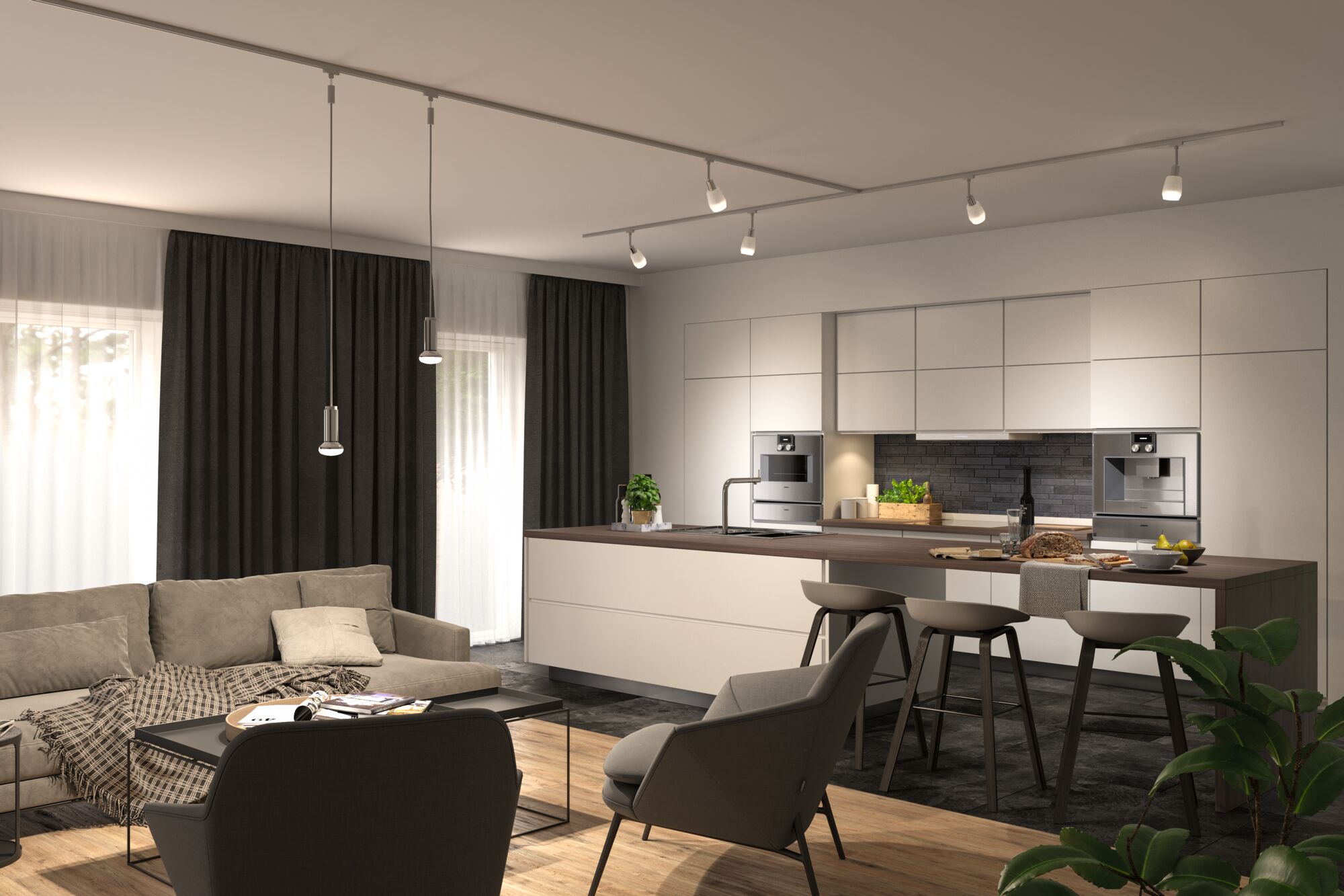 Moderne woonkamer met open keuken, witte kasten, houten werkblad en LED-plafondverlichting