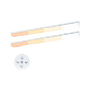 Two white LED under-cabinet lights with remote for dimmable warm white lighting in home