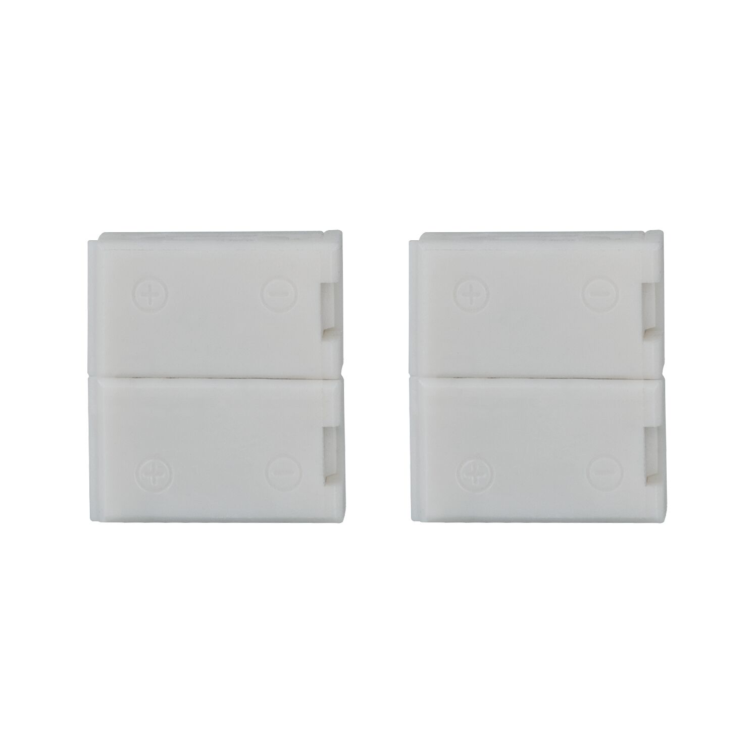 Two white plastic connectors with plus and minus symbols for LED lighting systems