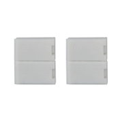 Two white plastic connectors with plus and minus symbols for LED lighting systems