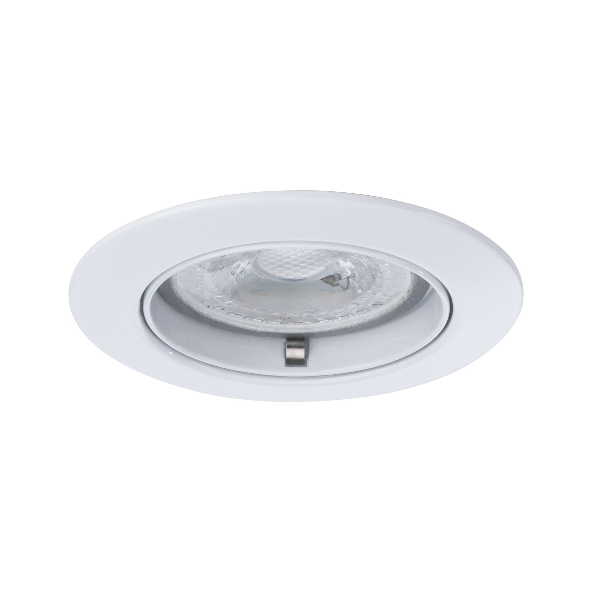 Round white metal recessed light with clear glass and LED technology for modern room lighting