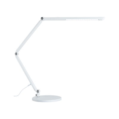 Witte LED-bureaulamp met verstelbare arm en ronde voet voor moderne werkverlichting