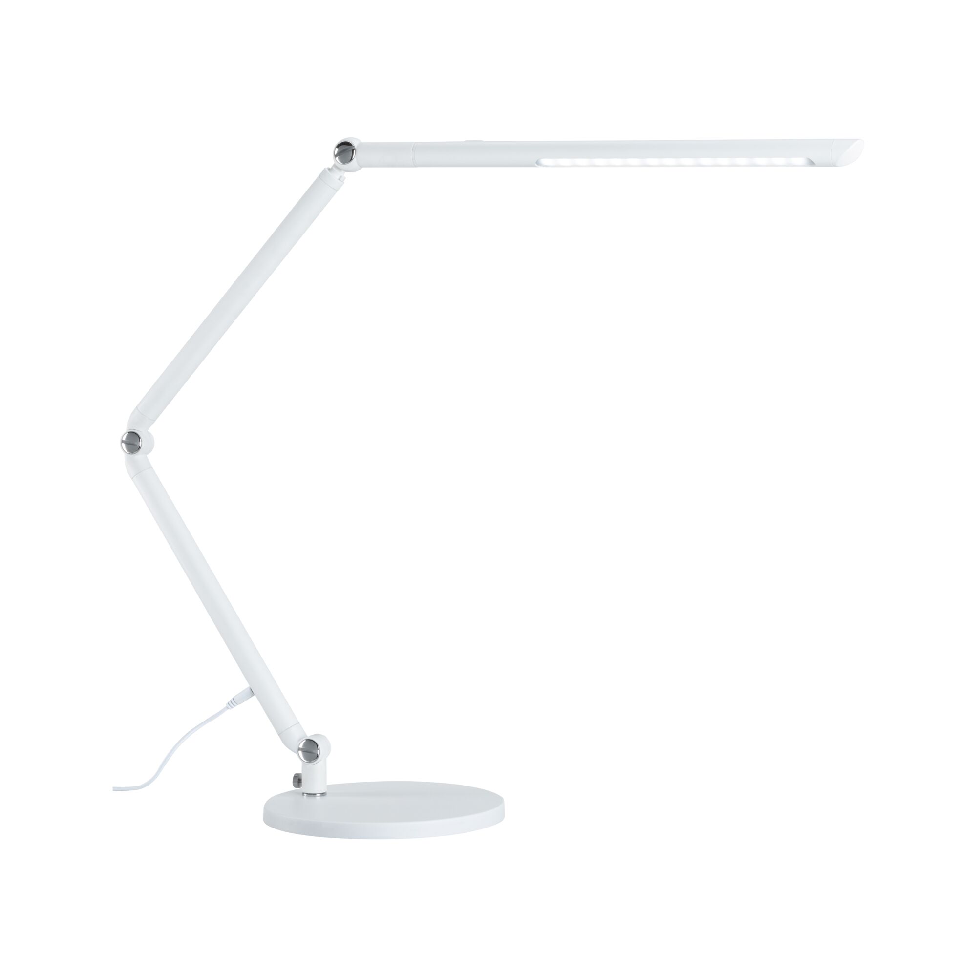 White LED desk lamp with adjustable arm and round base for modern workspace lighting