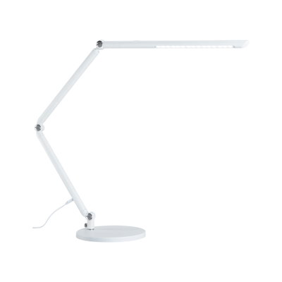 Weiße LED-Schreibtischlampe mit verstellbarem Arm und rundem Sockel für modernes Arbeitslicht