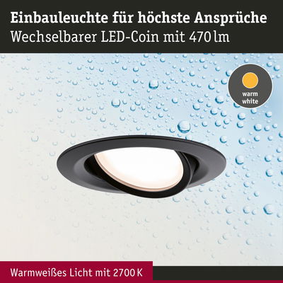 Schwarze Einbauleuchte mit wechselbarem LED-Coin und warmweißem Licht 2700K für Wohnräume