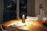 Lampe de table noire moderne en métal sur table en bois avec couverts et bol de pommes.