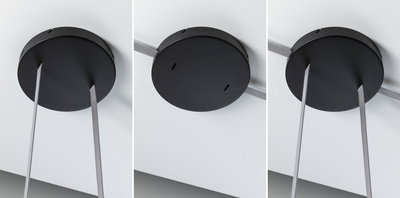 Black round metal ceiling mount with grey textile cables for modern lighting systems.