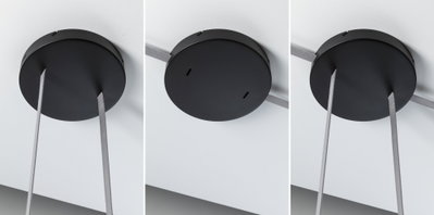 Sort rund metalloftbeslag med grå tekstilkabler til moderne belysningssystemer.