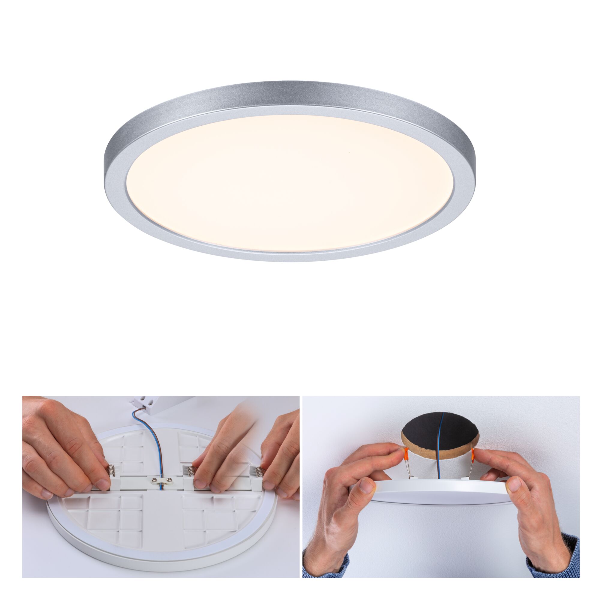 Rundes LED-Deckenpanel in Silber mit warmweißem Licht und Montageanleitung für einfache Installation